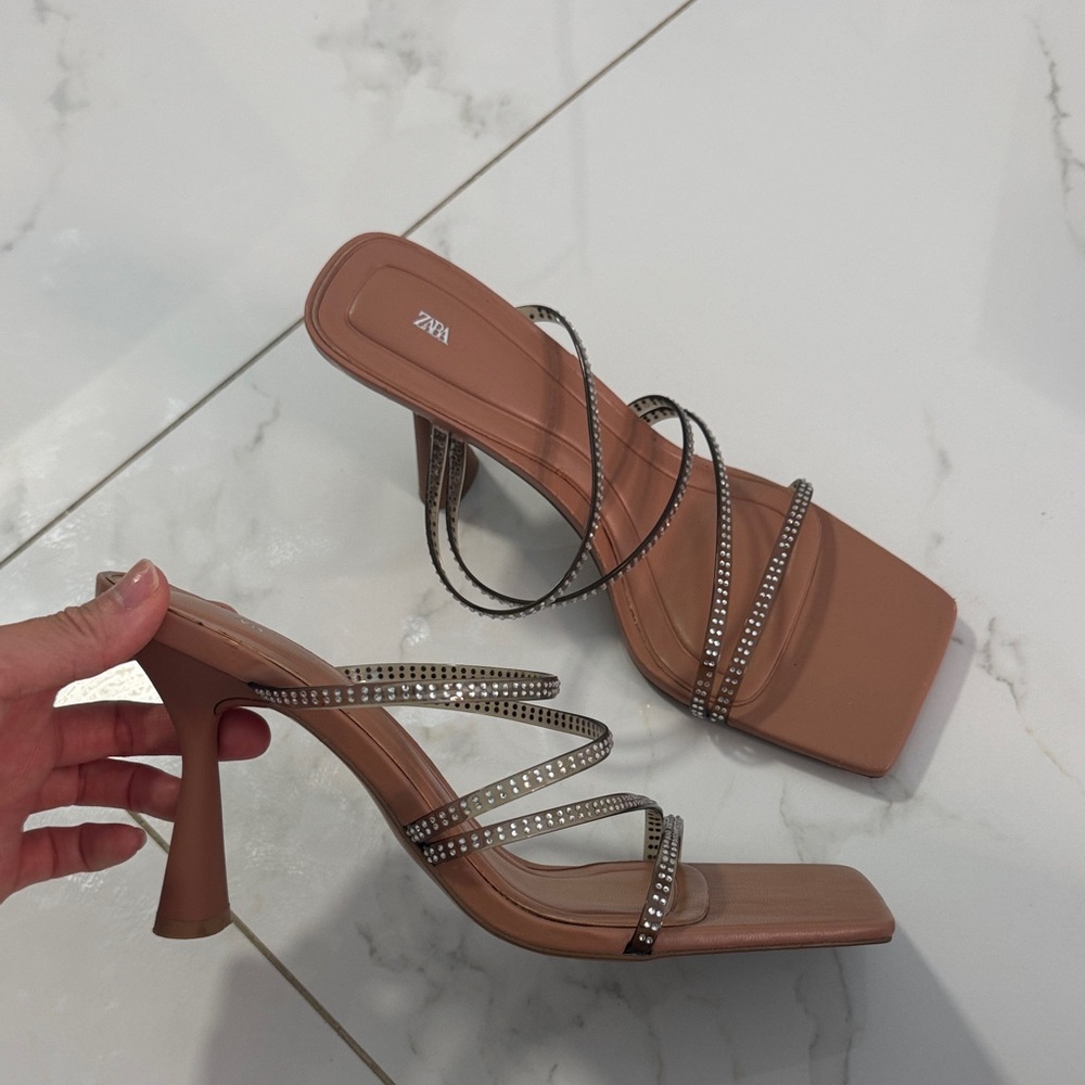 Zara Beige Strappy Heels with Rhinestones
